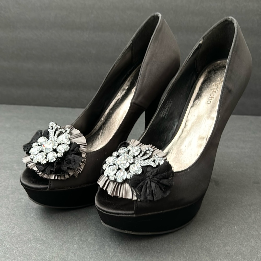 Dazzling Satin Black Jewel Peep Toe Zigi SoHo Heel Pump Prom Formal Gala Evening